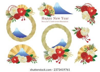 Material de fin de año y Año Nuevo con decoraciones del monte Fuji y Shimenawa