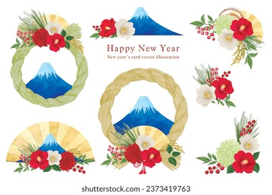 Year-end and New Year material set with Mt. Fuji and Shimenawa decorations