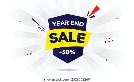 Year-end sale 50% OFF editable banner template design featuring light yellow, dark blue, and red-white background with dynamic shapes perfect for promoting holiday discounts and special offers