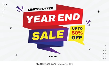Year-End Sale: Up to 50% Off! Limited Offer Sale Banners with Element Shapes Templates in Yellow, Red, Purple, White Gradient Backgrounds - Perfect for Eye-Catching Designs Promotions
