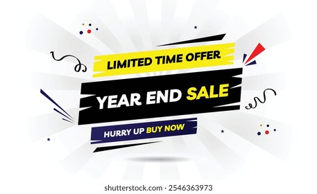 Year-end sale editable banner template with 'Hurry Up Buy Now' text, featuring a light yellow and dark blue gradient, white background, and red shapes – perfect for limited-time offer promotions.