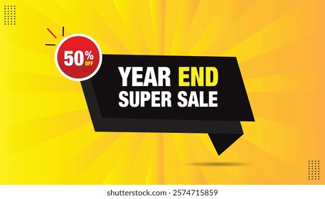 Year-End Super Sale banner template in EPS format. Vector art with bold font, black shapes, and an orange-yellow gradient. Sleek design perfect for promotions. Vibrant, modern, and eye-catching