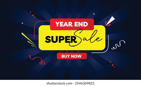 Year-end super sale buy now editable banner template design with a dark blue gradient background, light yellow, white, and red shapes perfect for eye catching promotional campaigns and seasonal sales