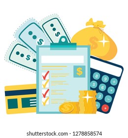 Year-end tax adjustment Vector flat illustration. Financial calculations, accountant. Accounting, bookkeeping, audit debit and credit calculations. coins stack. Marked checklist on a clipboard paper.