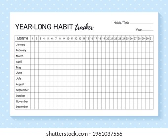 Year-long habit tracker. template habit diary. Journal planner with bullets. Vector illustration. Goal list on dotted background. Simple design. Horizontal, landscape orientation. Paper size A4.