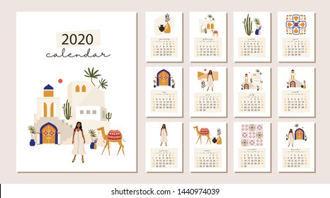 Yearly 2020 Calendar with all month. Cute printable creative template with Moroccan elements. Good for Organizer and Schedule. Vector illustration.