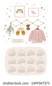 Yearly 2020 Calendar with all month. Cute nursery printable template with baby clothes. Good for Organizer and Schedule. Vector illustration.