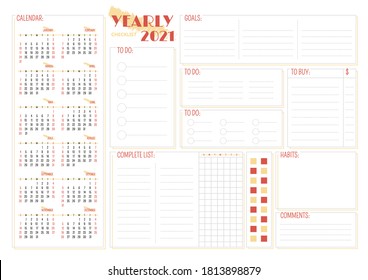Yearly 2021 checklist creative planner page design. Calendar with months. Section with tasks. Habit track. Annual bullet journal color sheet. Printable diary layout. Notebook vector template