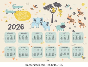 Yearly 2026 calendar on one page with beige background. Features a group of charming safari animals. A cute vector illustration for childrens rooms or family planning.