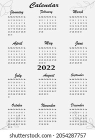 Yearly A4 calendar or planner 2022 floral line art. Week starts on Sunday.