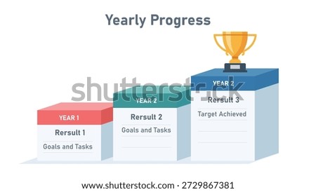 Yearly Business Progress Report with Trophy on the Highest Peak Representing Target Achievement and Profit Success