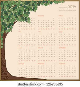 Yearly calendar 2014 in green tree frame