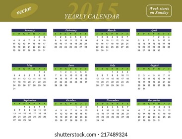 Yearly calendar for 2015 year. Week starts on Sunday