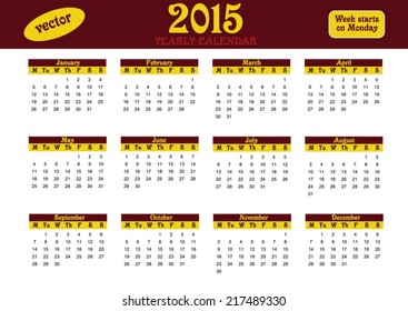Calendario anual para 2015 año. La semana comienza el lunes.