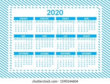 Yearly calendar 2020 template. Week starts from Monday. Vector illustration