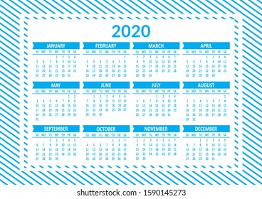 Yearly calendar 2020 template. Week starts from Sunday. Vector illustration