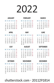 Yearly calendar 2022. Week starts on Monday. Vector illustration