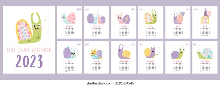 Yearly calendar 2023 template with cute decorative snails on white background. Vertical set of 12 pages and cover in English. Vector. Week from Sunday. Stationery, desk and wall flip calendar