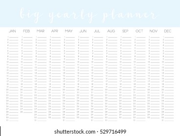 Yearly Calendar blank vector template. Minimal design Monthly Planner template, ready to use. Inspirational Self Improvement stationery design for organizer or planner
