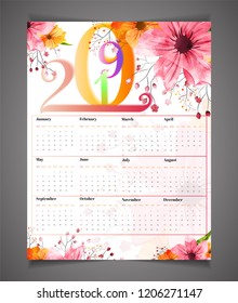 Yearly calendar design for 2019, decorated with flowers.