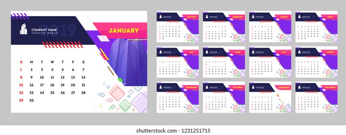 Yearly calendar design, set of 12 months desk planner with abstract pattern.