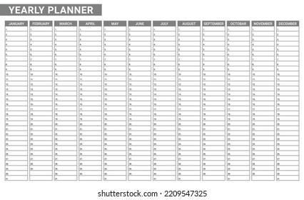 Yearly Calendar Empty Planner Template. List Of Task Monthly Written On Paper