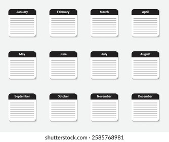 A yearly calendar in the English language. Blank note for to do list. Planner of friends birthdays in English. Empty cells of planner. Monthly organizer calendar