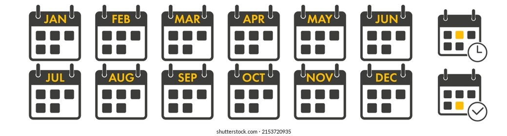 Conjunto de iconos de calendario anual. Los doce meses con nombres en forma abreviada. Además de dos iconos de planificación adicionales. Ilustración vectorial plana aislada en blanco.