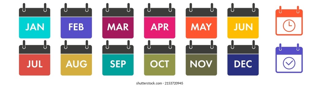 Yearly calendar icons set. All twelve months with names in abbreviated form. Plus two additional planning icons. Flat vector illustration isolated on white.