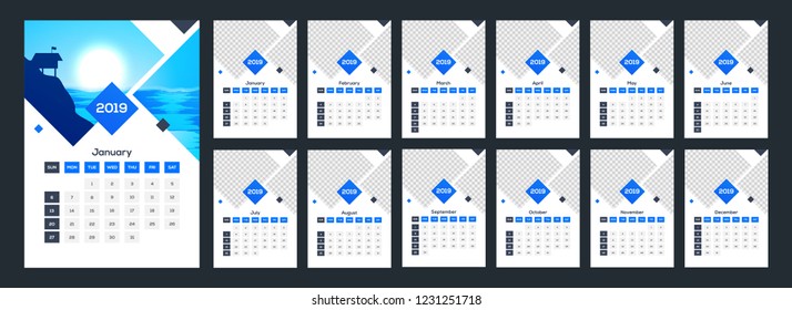 Yearly calendar layout for 2019 with space for your image.