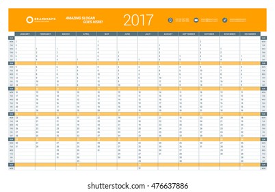 Yearly Calendar Planner Template for 2017 Year. Vector Design Print Template. Week Starts Sunday. Stationery Design