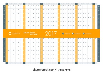 Yearly Calendar Planner Template for 2017 Year. Vector Design Print Template. Week Starts Sunday. Stationery Design
