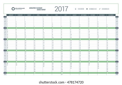 Yearly Calendar Planner Template for 2017 Year. Vector Design Print Template. Week Starts Sunday. Stationery Design