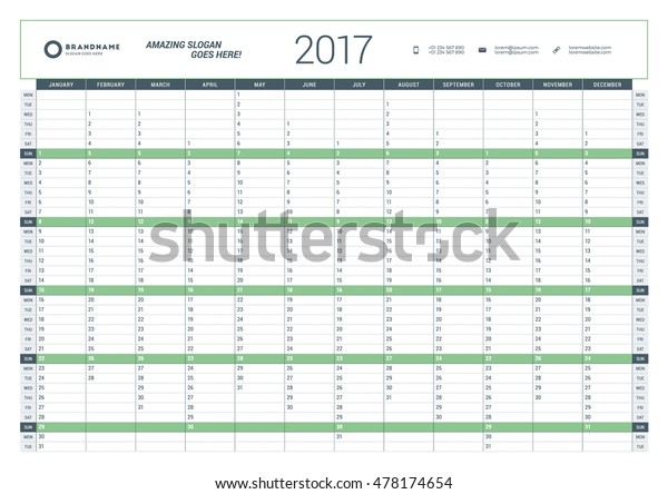 Yearly Calendar Planner Template 2017 Year Stock Vector (Royalty Free ...