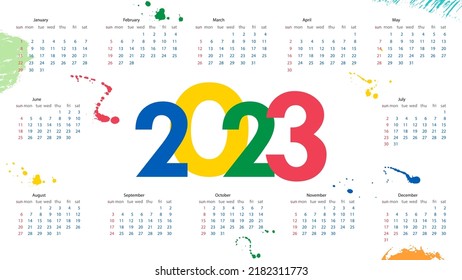 Yearly calendar template 2023. Week starts on Sunday. Calendar design in a minimalist style. Paint splatter. Vector illustration