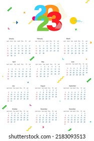 Yearly calendar template 2023. Week starts on Sunday. Calendar design in minimalist memphis style. Vector illustration