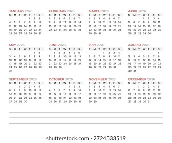 Plantilla anual del calendario para 2026. Ilustración vectorial de un planificador y organizador. Diseño simple para el horario de negocios y papelería de pared. La semana comienza el domingo. Diseño limpio y moderno