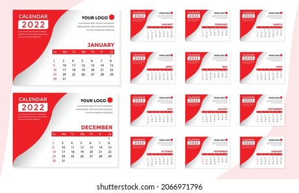 Yearly Calendar Template. Corporate desk calendar template 2022. New Year Printable Calendar 2022 Template Design Set of 12 Months.