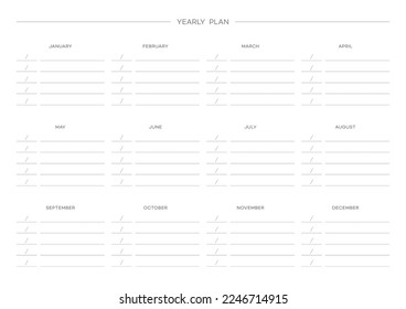 A yearly calendar template in a simple and minimal style. Note, diary, planner, calendar design template.