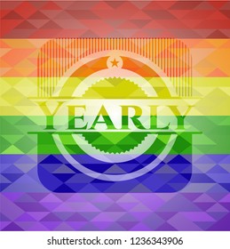 Yearly emblem on mosaic background with the colors of the LGBT flag