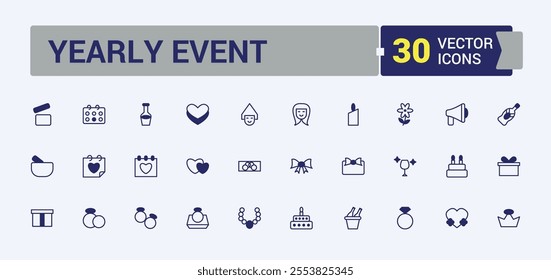 Yearly Event icon pack. Contains related to balloons, anniversary, appreciate, banquet, celebration, balloons and more. Outline icon collections. Vector outline and solid icons collection.