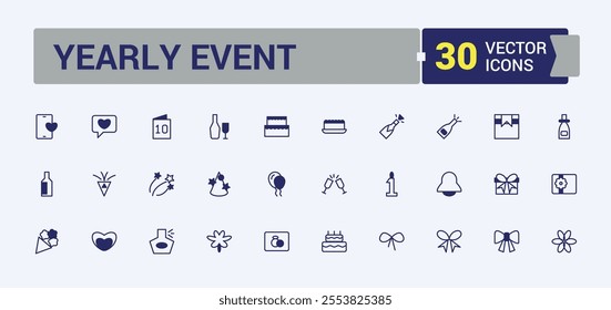 Yearly Event icon pack. Contains related to balloons, anniversary, appreciate, banquet, celebration, balloons and more. Outline icon collections. Vector outline and solid icons collection.