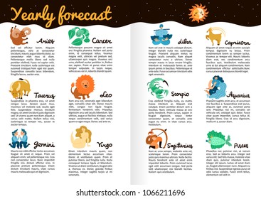 Yearly forecast by zodiac signs infographics on book pages with star sky, moon and sun vector illustration