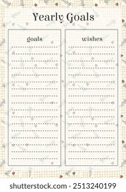 Yearly goals school paper sheet. Printable floral design page A4
