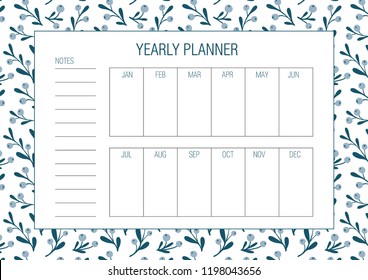 Yearly goals template. Vector illustration. Hand drawn floral texture. Abstract flowers. Botany.  Printable organizer, diary, planner for important goals and dates for study, school or work.