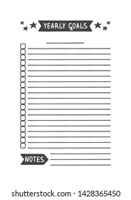 Yearly Goals. Vector Template for Agenda, Planner and Other Stationery. Printable Organizer for Study, School or Work. Objects Isolated on White Background.