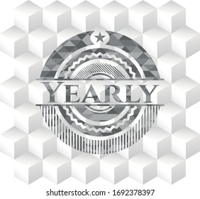 Yearly grey emblem with geometric cube white background