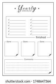 Yearly list minimalist planner page design. Empty boxes for note and comment. Finished resolution checklist bullet journal printable sheet. Personal organizer. Notebook vector template