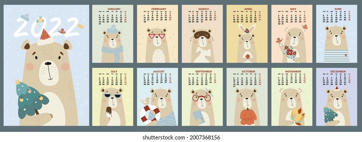 Yearly monthly design calendar for 2022 with cute bear. Set of 12 pages and cover in English. Vector illustration. Vertical template. Week From Monday. Funny animal in flat style in pastel colors