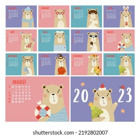 Yearly monthly design calendar for 2023 with cute bear. Set of 12 pages and cover in English. Vector illustration. horizontal template. Week from Sunday. Stationery, planner, organizer with animal